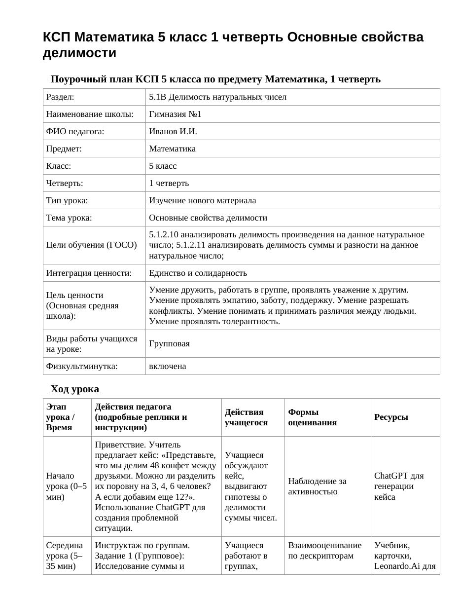 КСП Математика 5 класс 1 четверть Основные свойства делимости