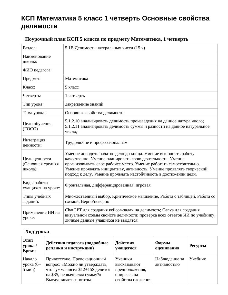 КСП Математика 5 класс 1 четверть Основные свойства делимости