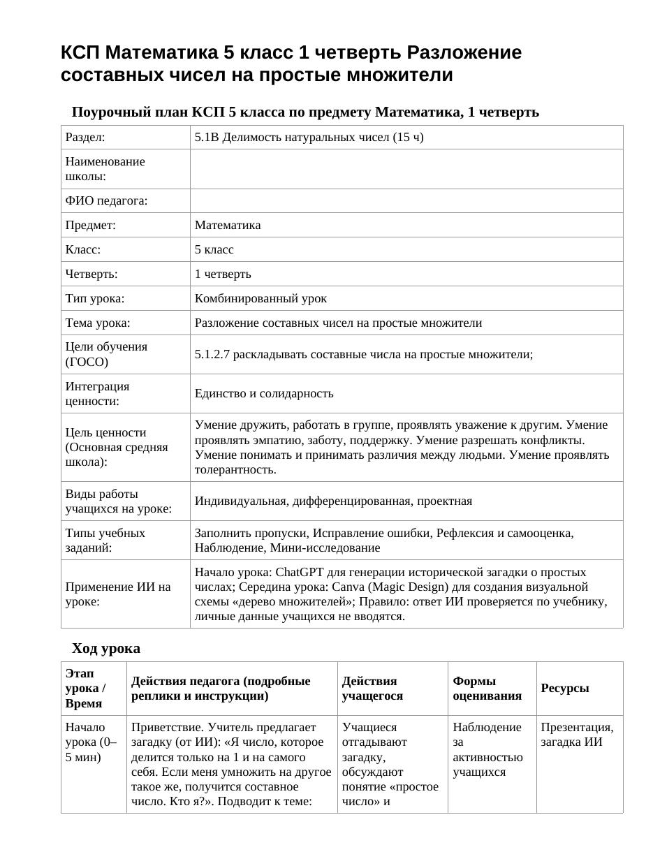 КСП Математика 5 класс 1 четверть Разложение составных чисел на простые множители