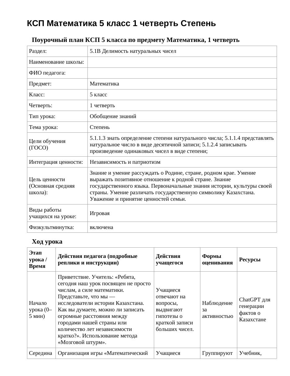 КСП Математика 5 класс 1 четверть Степень