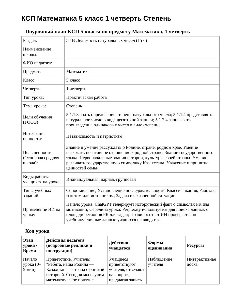 КСП Математика 5 класс 1 четверть Степень
