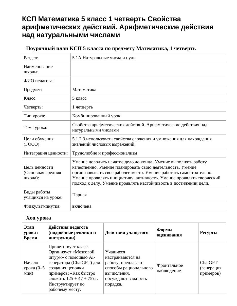 КСП Математика 5 класс 1 четверть Свойства арифметических действий. Арифметические действия над натуральными числами