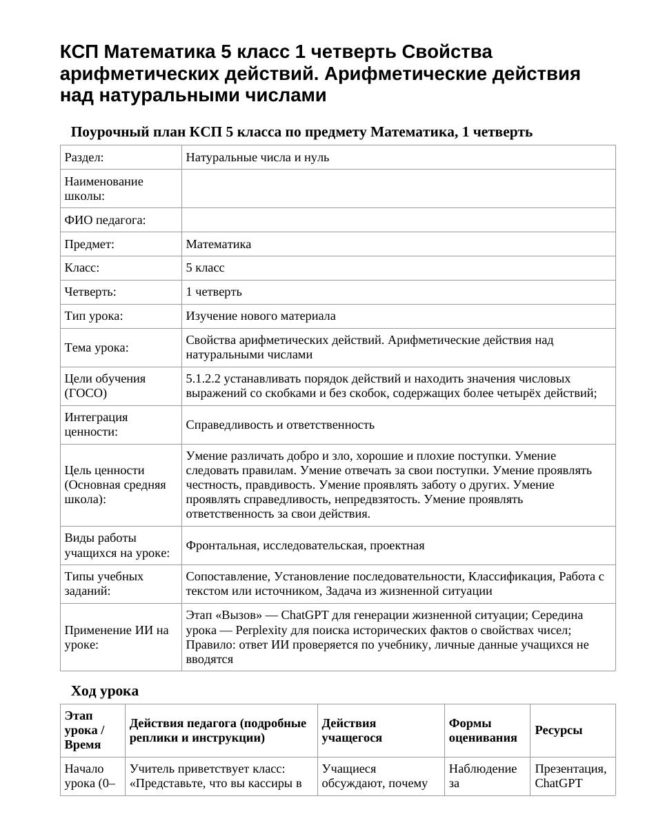 КСП Математика 5 класс 1 четверть Свойства арифметических действий. Арифметические действия над натуральными числами