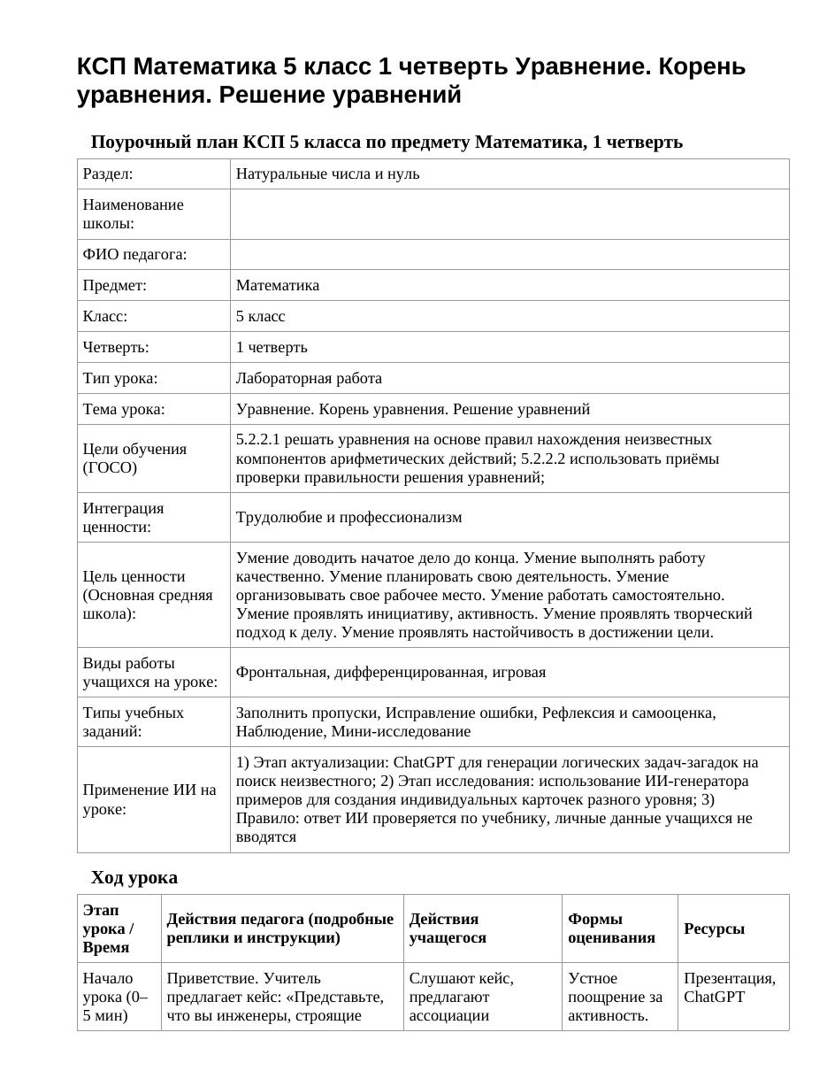 КСП Математика 5 класс 1 четверть Уравнение. Корень уравнения. Решение уравнений