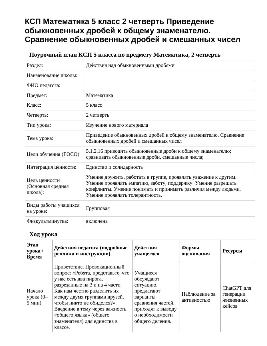 КСП Математика 5 класс 2 четверть Приведение обыкновенных дробей к общему знаменателю. Сравнение обыкновенных дробей и смешанных чисел