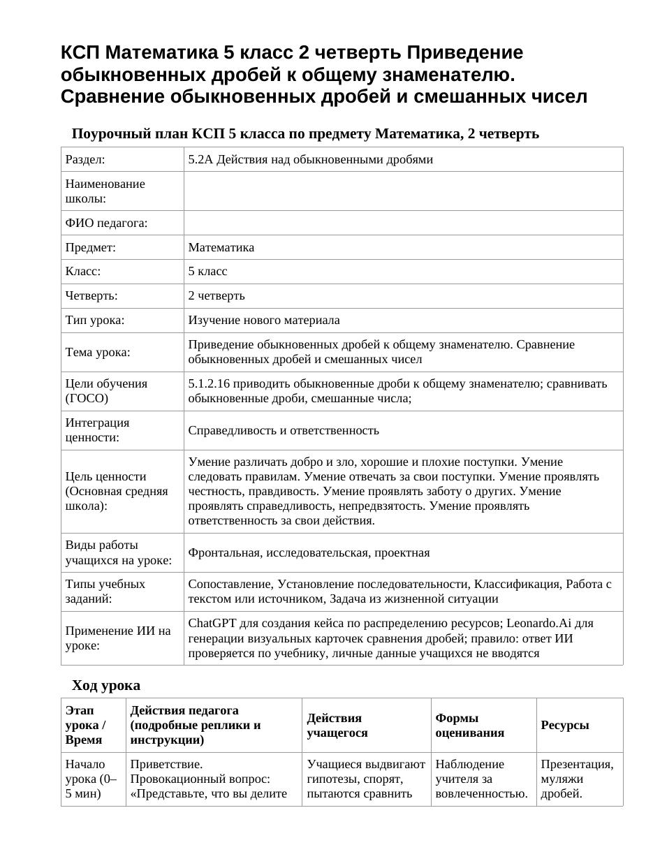 КСП Математика 5 класс 2 четверть Приведение обыкновенных дробей к общему знаменателю. Сравнение обыкновенных дробей и смешанных чисел