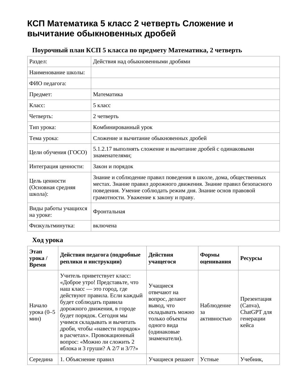 КСП Математика 5 класс 2 четверть Сложение и вычитание обыкновенных дробей