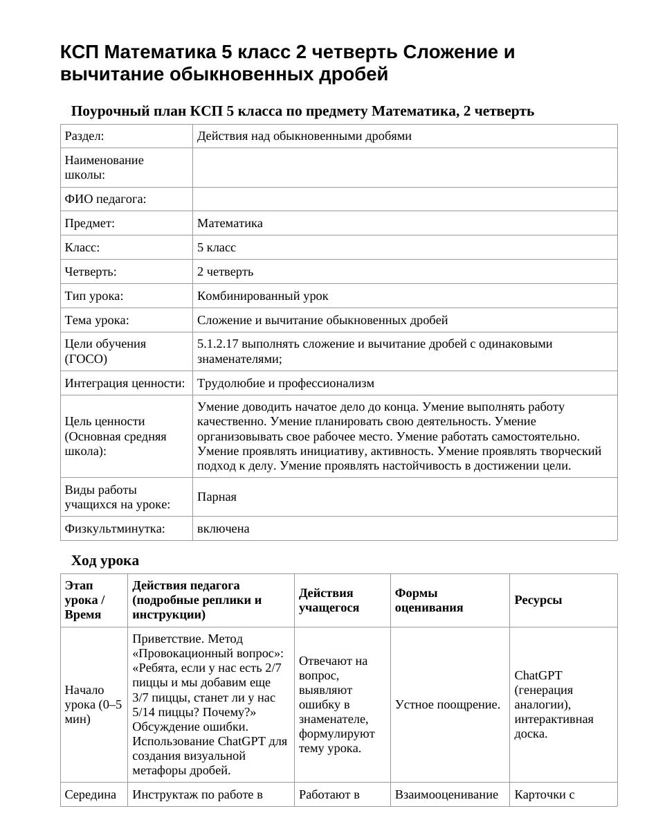 КСП Математика 5 класс 2 четверть Сложение и вычитание обыкновенных дробей