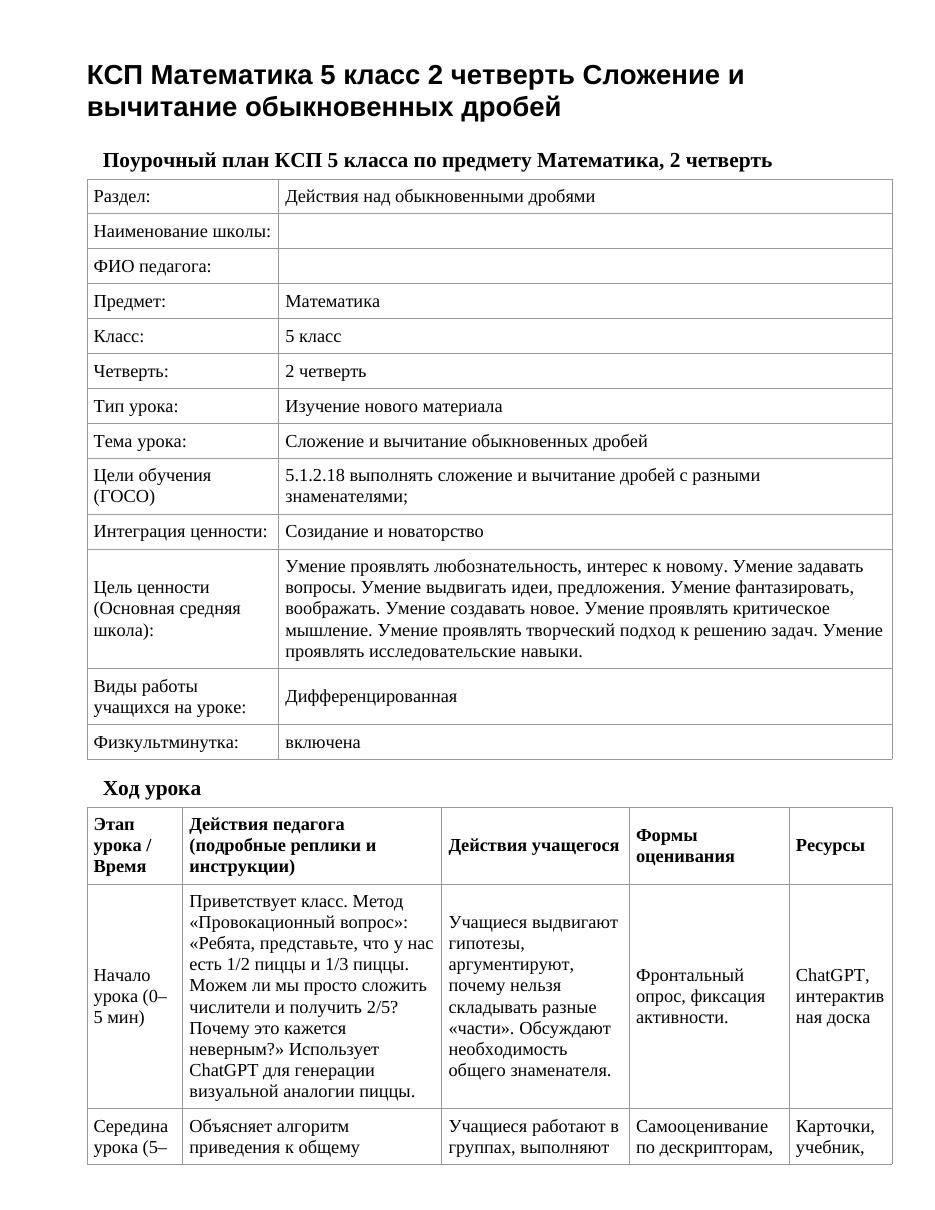 КСП Математика 5 класс 2 четверть Сложение и вычитание обыкновенных дробей