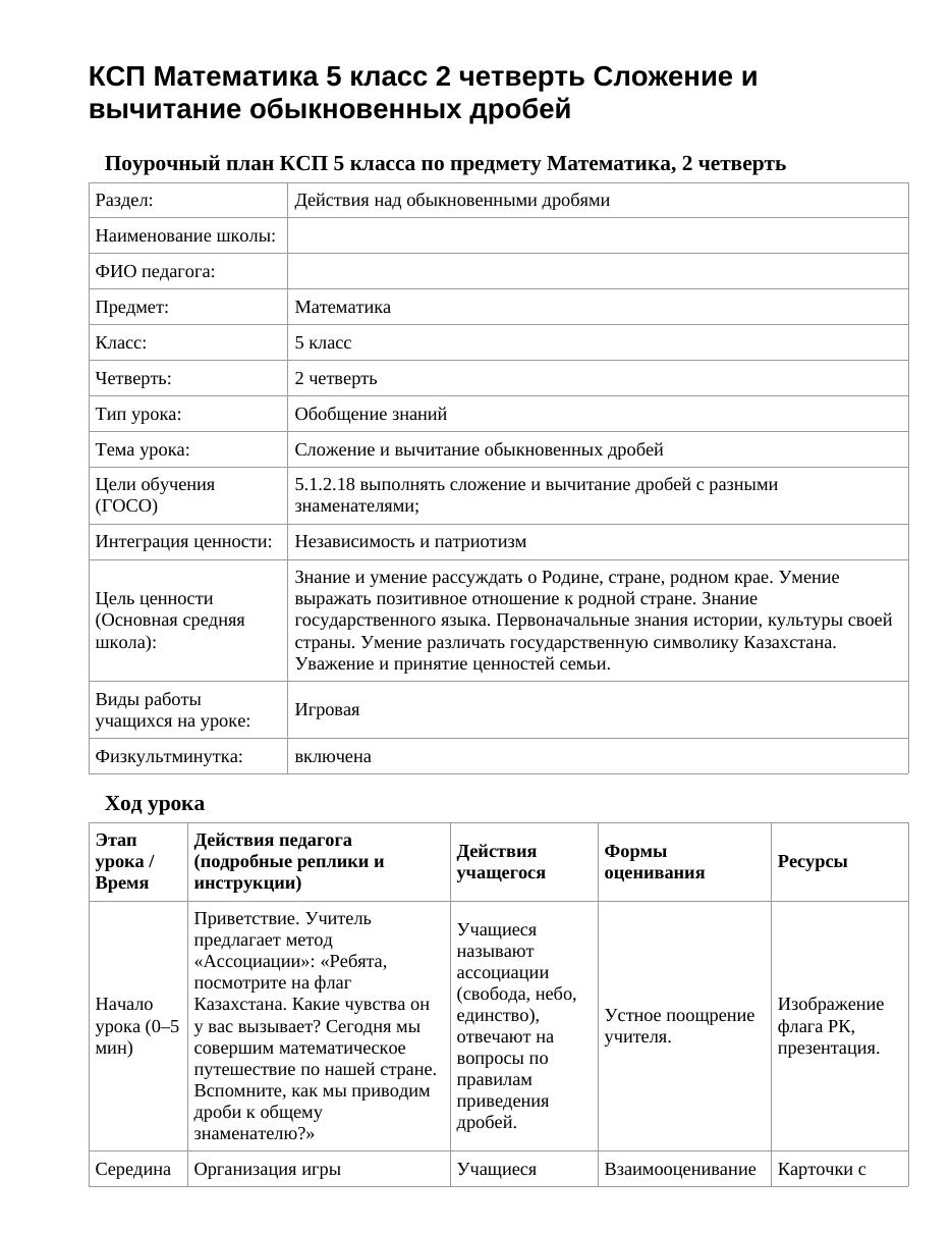КСП Математика 5 класс 2 четверть Сложение и вычитание обыкновенных дробей
