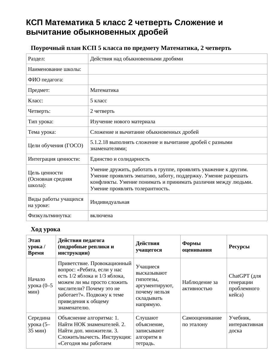 КСП Математика 5 класс 2 четверть Сложение и вычитание обыкновенных дробей