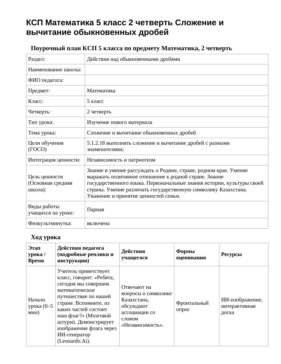 КСП Математика 5 класс 2 четверть Сложение и вычитание обыкновенных дробей