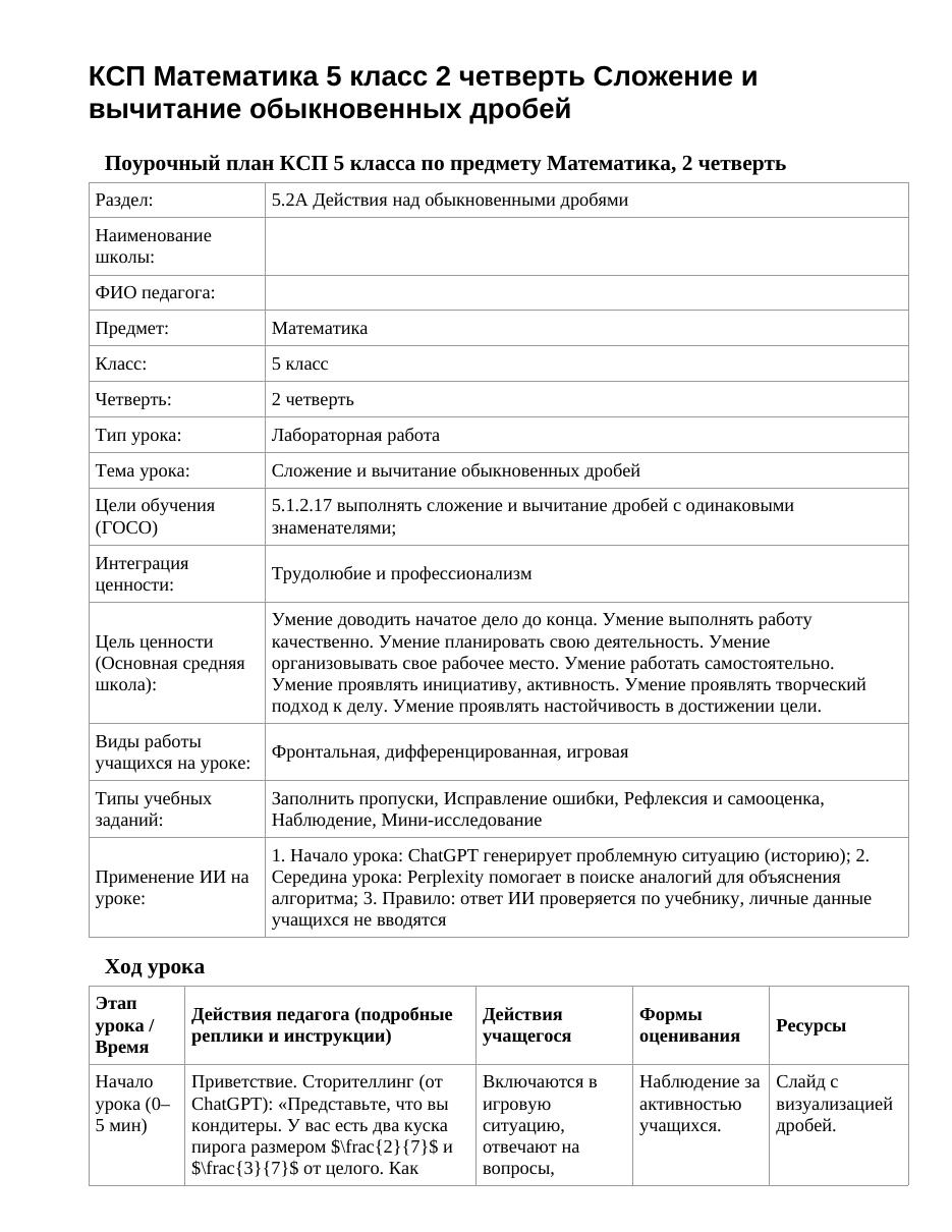 КСП Математика 5 класс 2 четверть Сложение и вычитание обыкновенных дробей