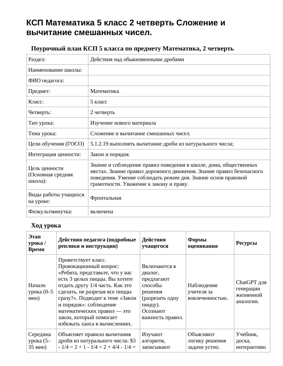 КСП Математика 5 класс 2 четверть Сложение и вычитание смешанных чисел.