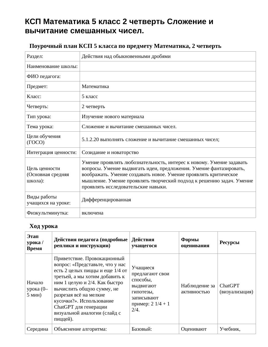 КСП Математика 5 класс 2 четверть Сложение и вычитание смешанных чисел.