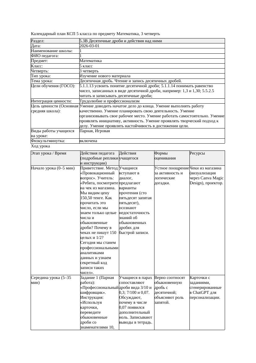 КСП Математика 5класс 3 четверть Десятичная дробь Чтение и запись