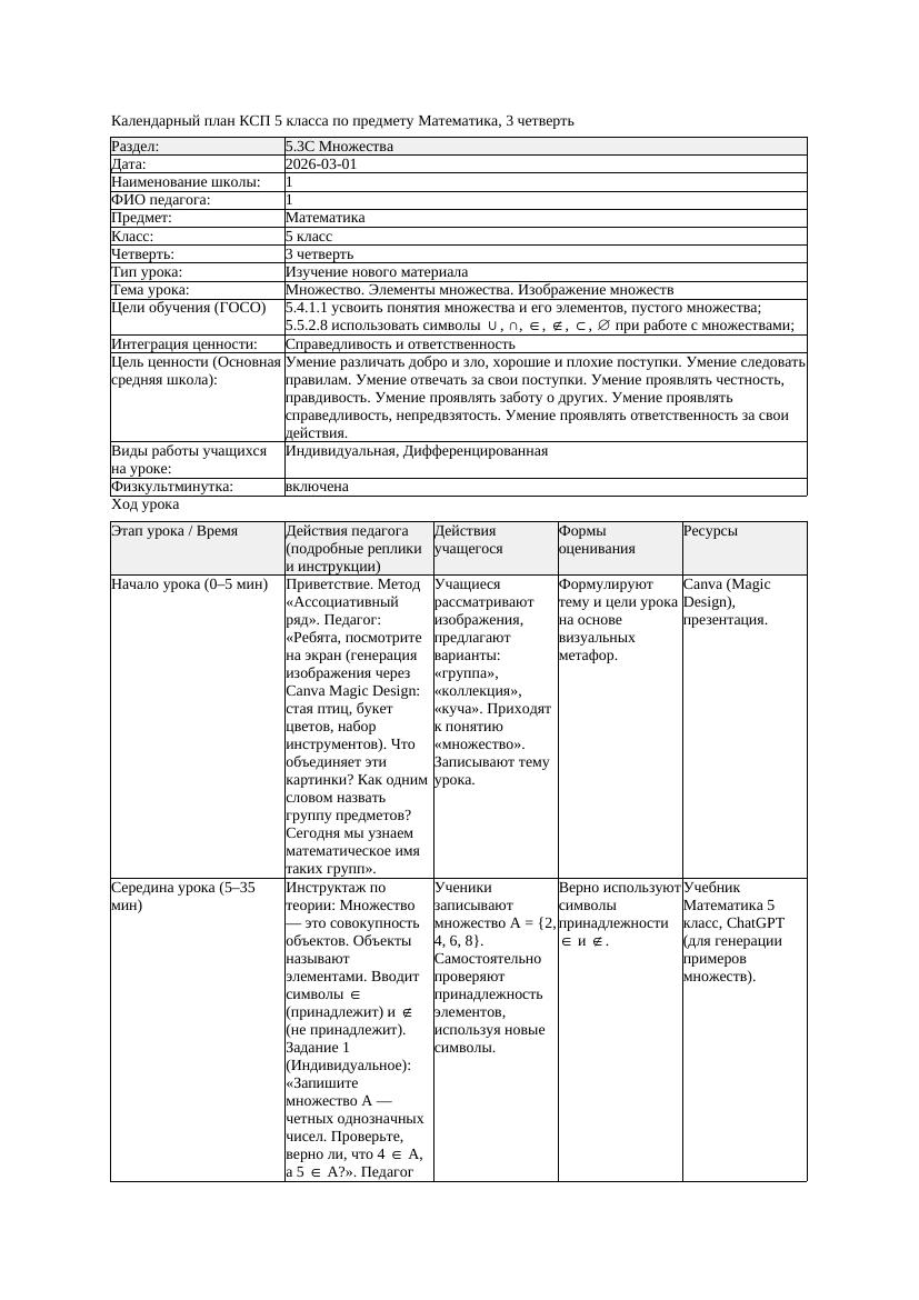 КСП Математика 5класс 3 четверть Множество Элементы множества Изображение