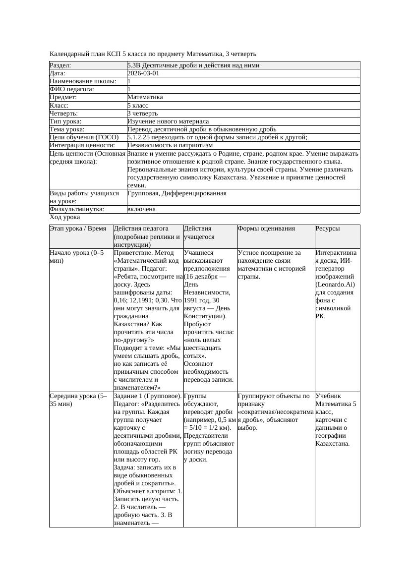 КСП Математика 5класс 3 четверть Перевод десятичной дроби в обыкновенную