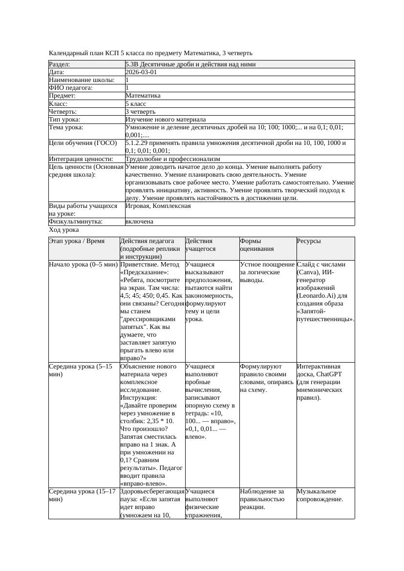 КСП Математика 5класс 3 четверть Умножение и деление десятичных