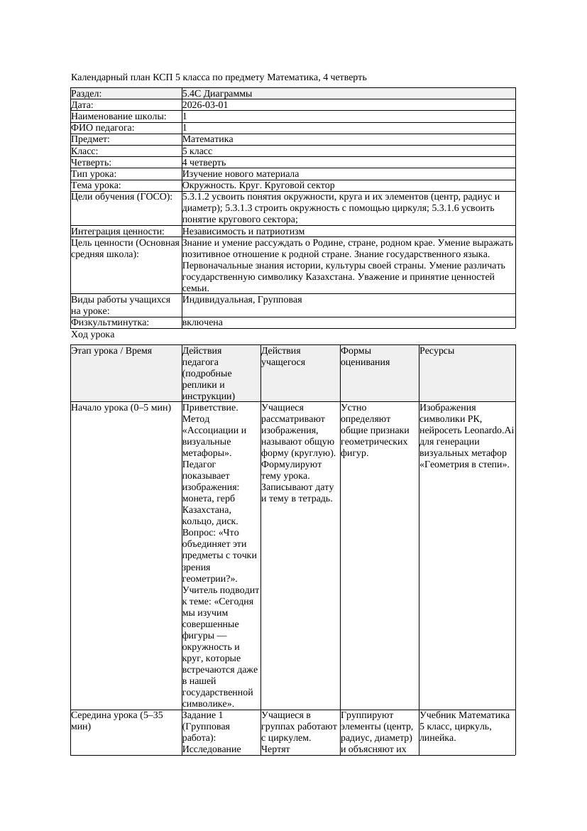 КСП Математика 5класс 4 четверть Окружность Круг Круговой сектор
