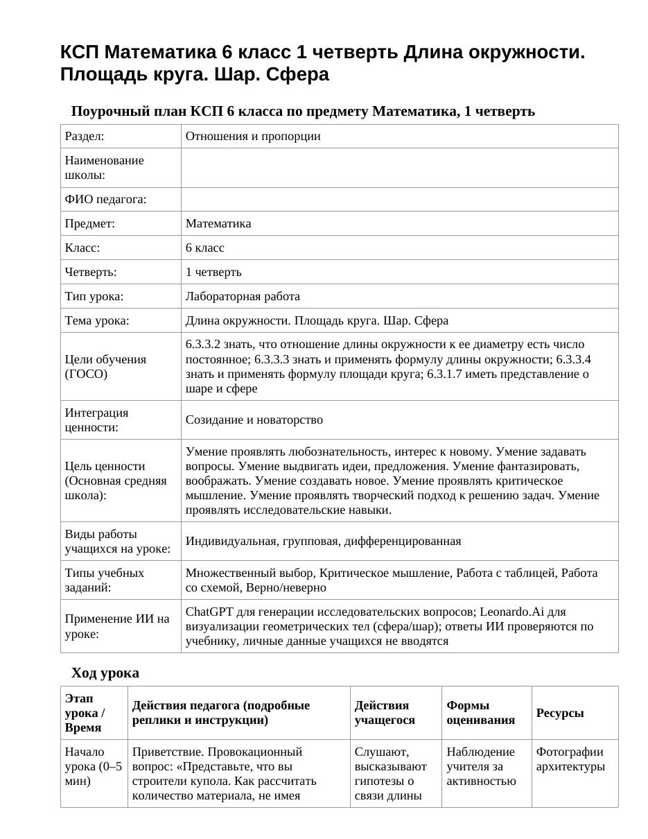 КСП Математика 6 класс 1 четверть Длина окружности. Площадь круга. Шар. Сфера