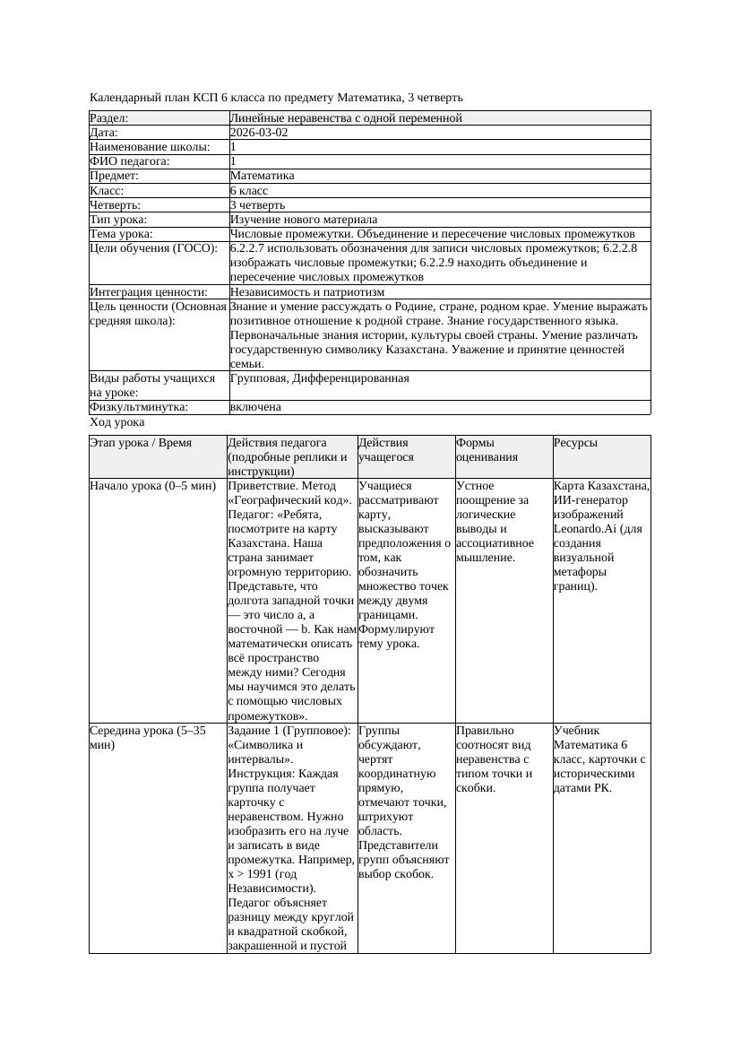 КСП Математика 6класс 3 четверть Числовые промежутки Объединение