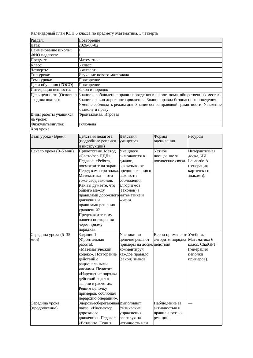 КСП Математика 6класс 3 четверть Повторение 20260302 docx