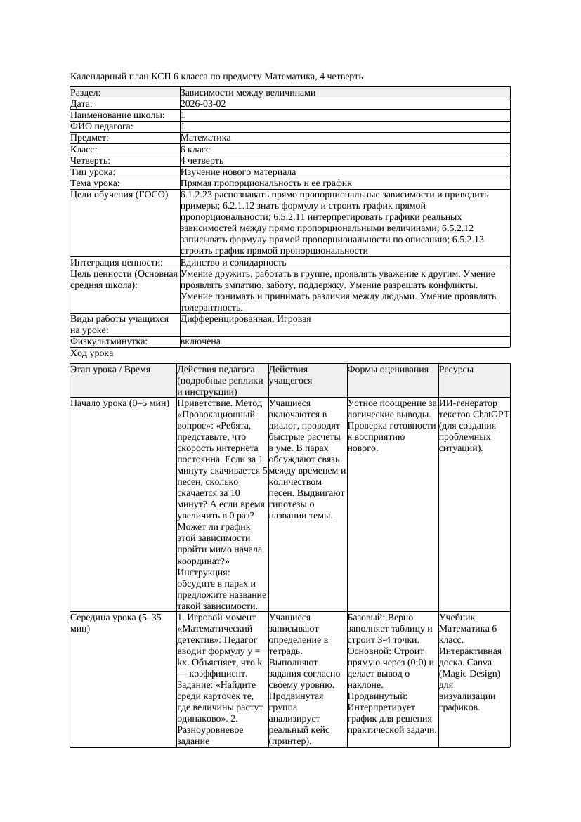 КСП Математика 6класс 4 четверть Прямая пропорциональность и ее