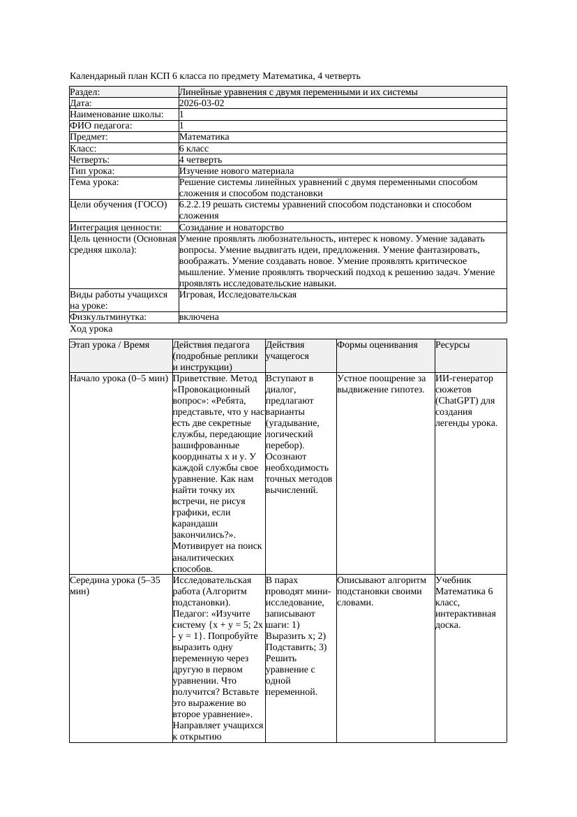 КСП Математика 6класс 4 четверть Решение системы линейных уравнений