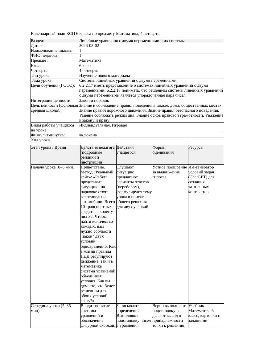 КСП Математика 6класс 4 четверть Системы линейных уравнений с двумя