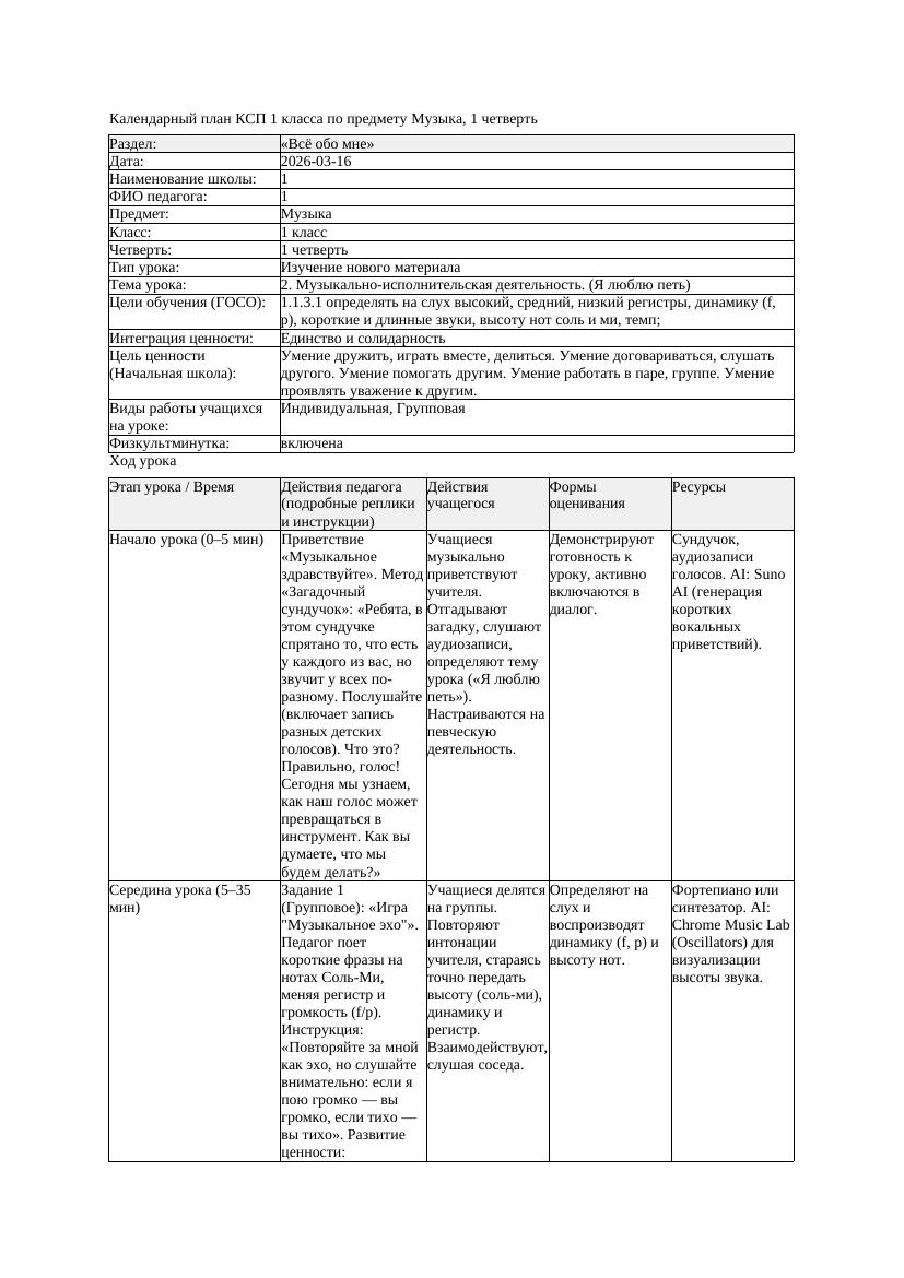 КСП Музыка 1класс 1 четверть 2 Музыкально исполнительская деятельность