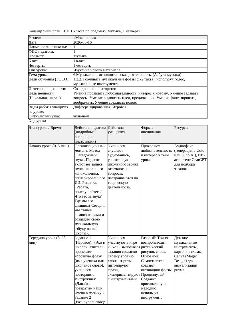 КСП Музыка 1класс 1 четверть 6 Музыкально исполнительская деятельность