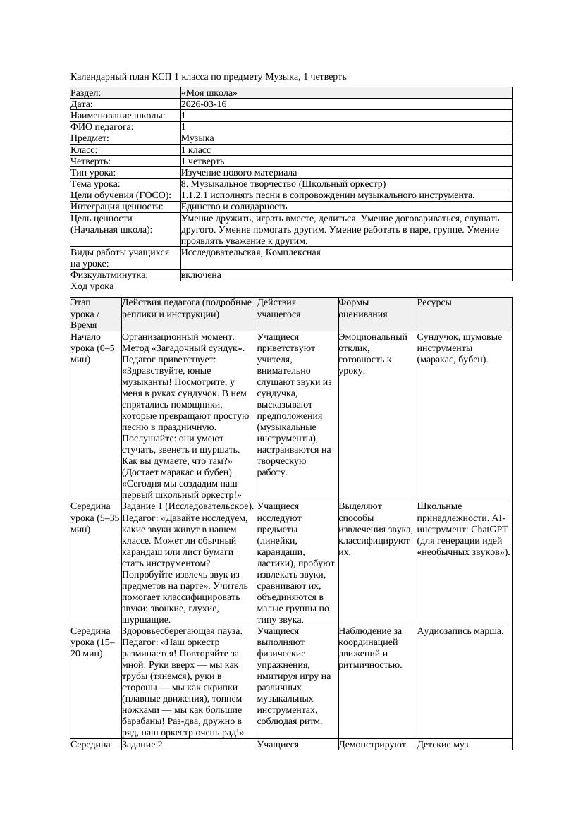 КСП Музыка 1класс 1 четверть 8 Музыкальное творчество Школьный оркестр