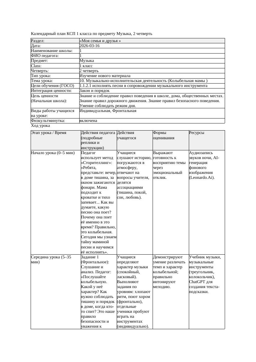 КСП Музыка 1класс 2 четверть 10 Музыкально исполнительская деятельность