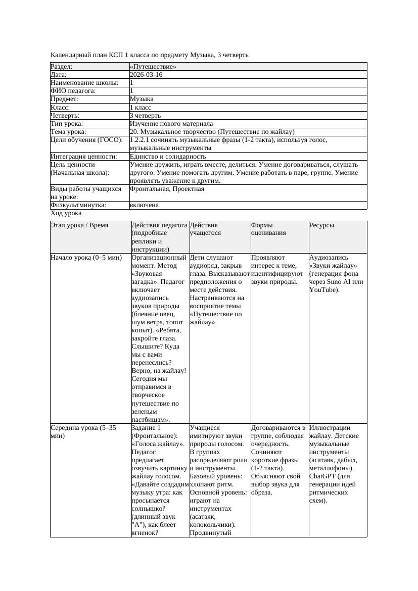 КСП Музыка 1класс 3 четверть 20 Музыкальное творчество Путешествие