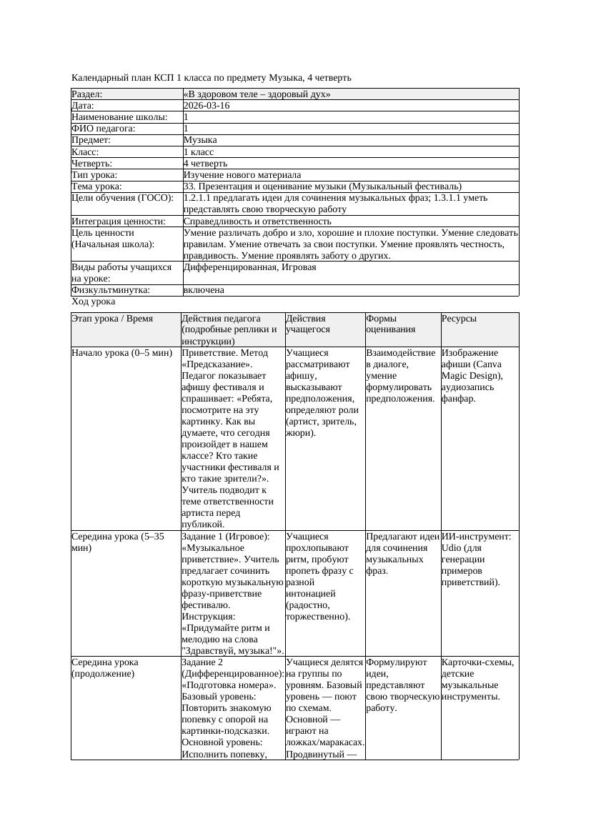 КСП Музыка 1класс 4 четверть 33 Презентация и оценивание музыки