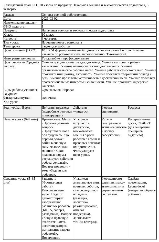 КСП Начальная военная и технологическая подготовка 10 класс 3 четверть (урок 2)