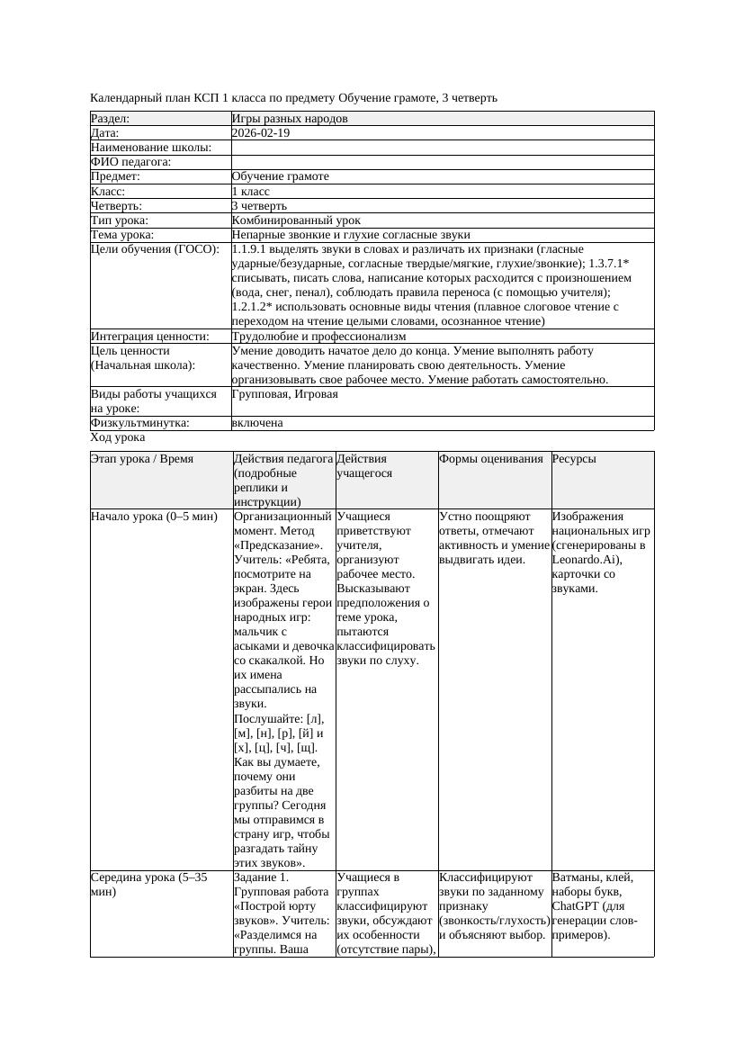 КСП Обучение грамоте 1класс 3 четверть Непарные звонкие и глухие
