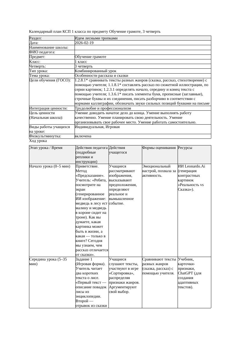 КСП Обучение грамоте 1класс 3 четверть Особенности рассказа и сказки