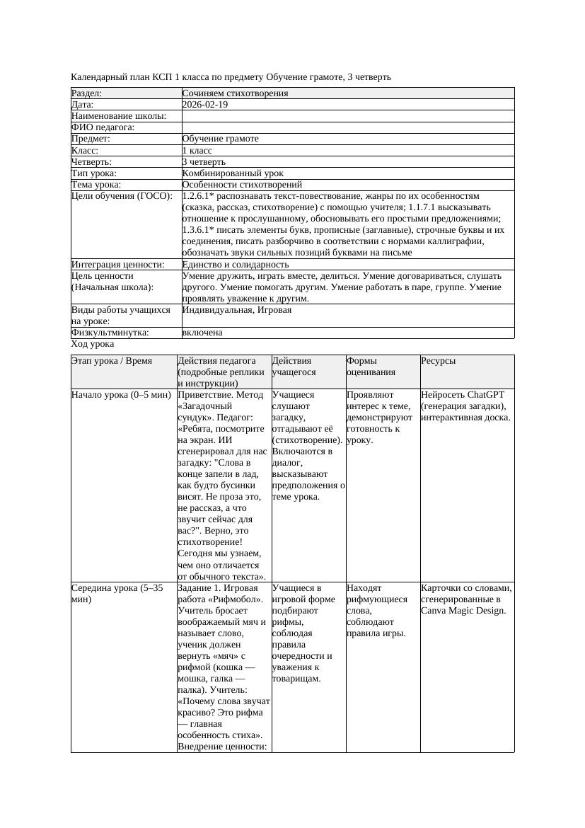 КСП Обучение грамоте 1класс 3 четверть Особенности стихотвореий