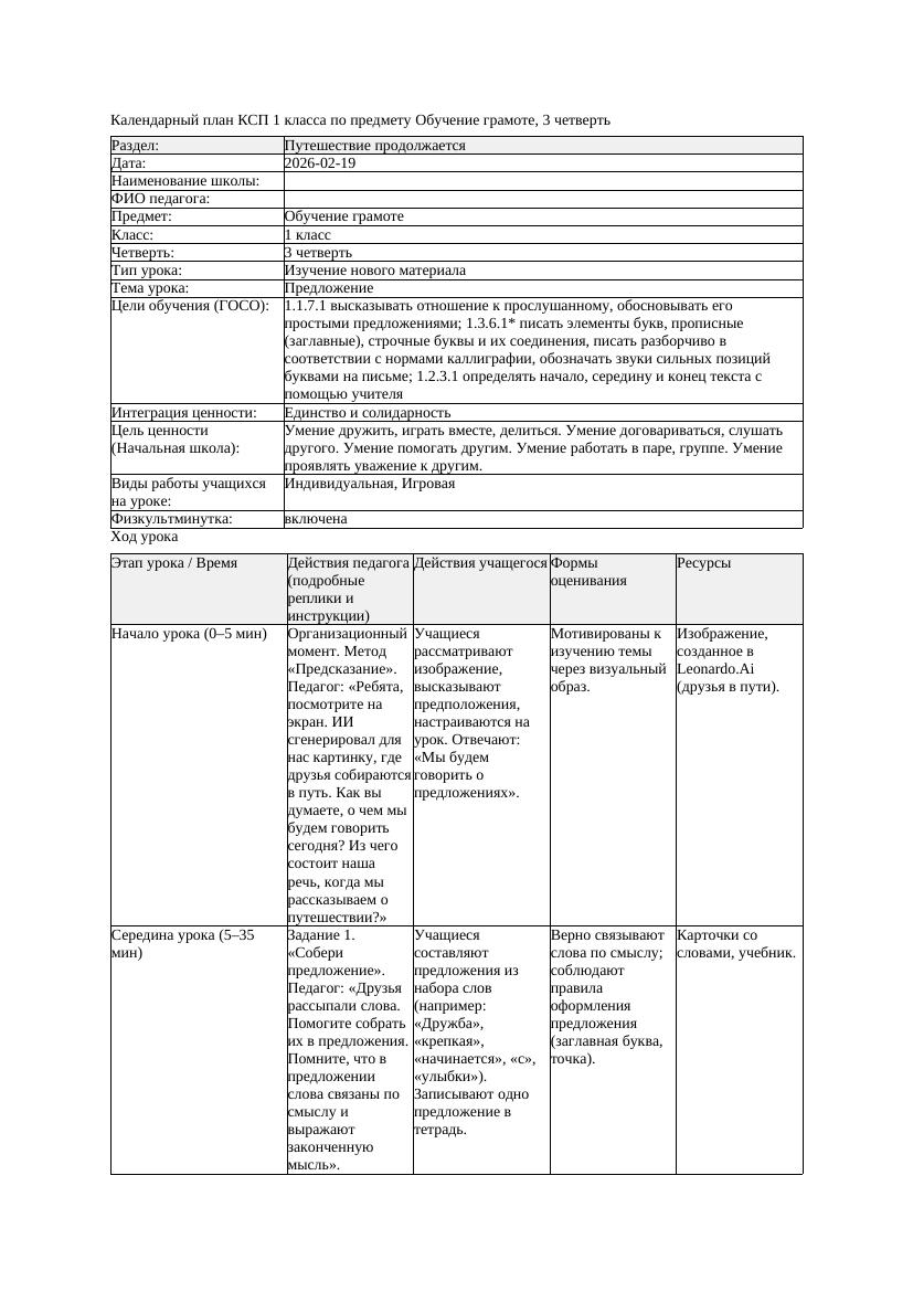 КСП Обучение грамоте 1класс 3 четверть Предложение 20260219 docx