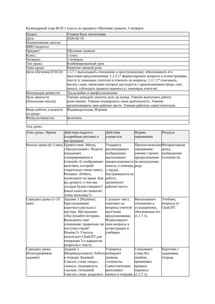 КСП Обучение грамоте 1класс 3 четверть Развитие связной речи 20260219