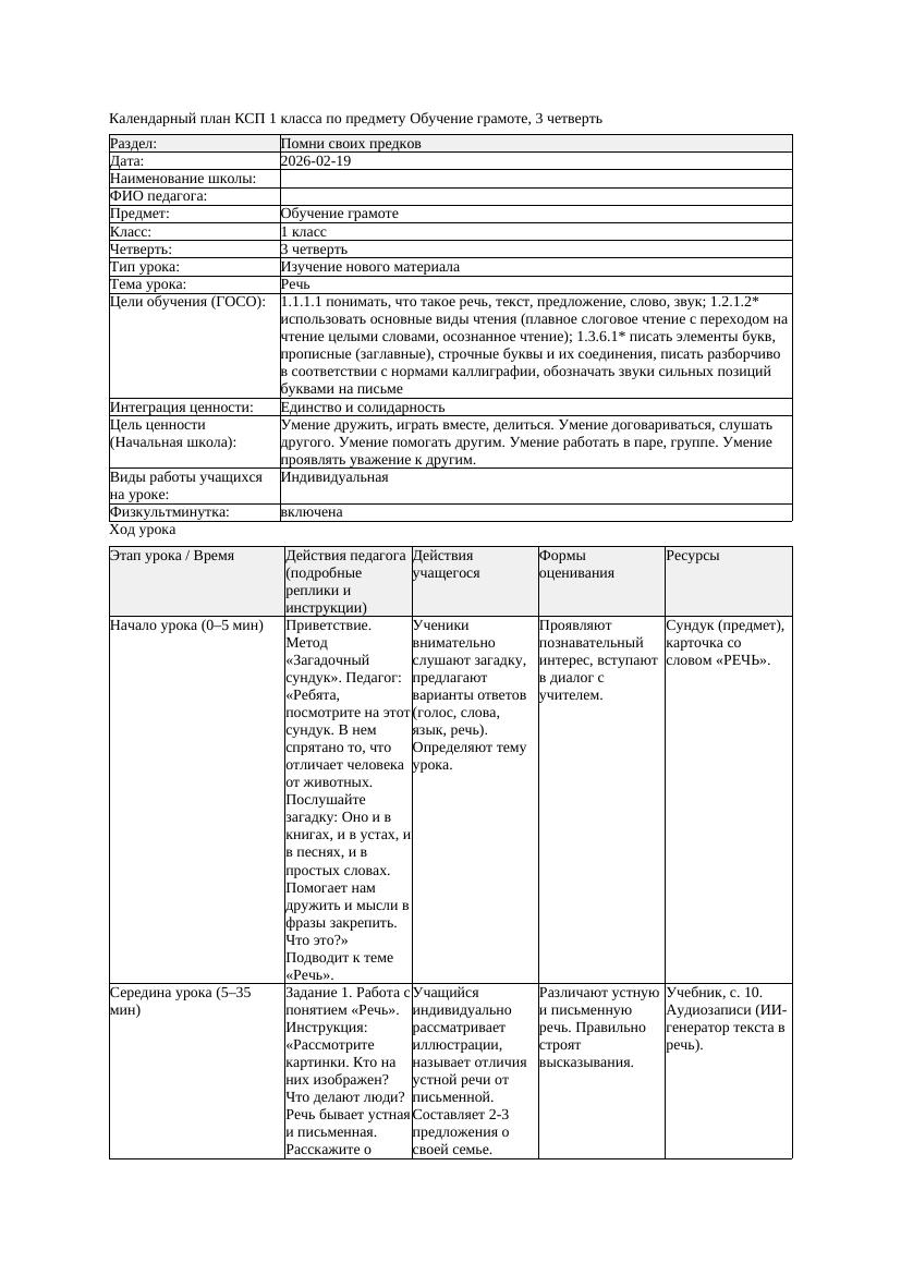 КСП Обучение грамоте 1класс 3 четверть Речь 20260219 docx