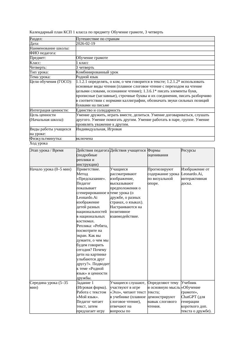 КСП Обучение грамоте 1класс 3 четверть Родной язык 20260219 docx