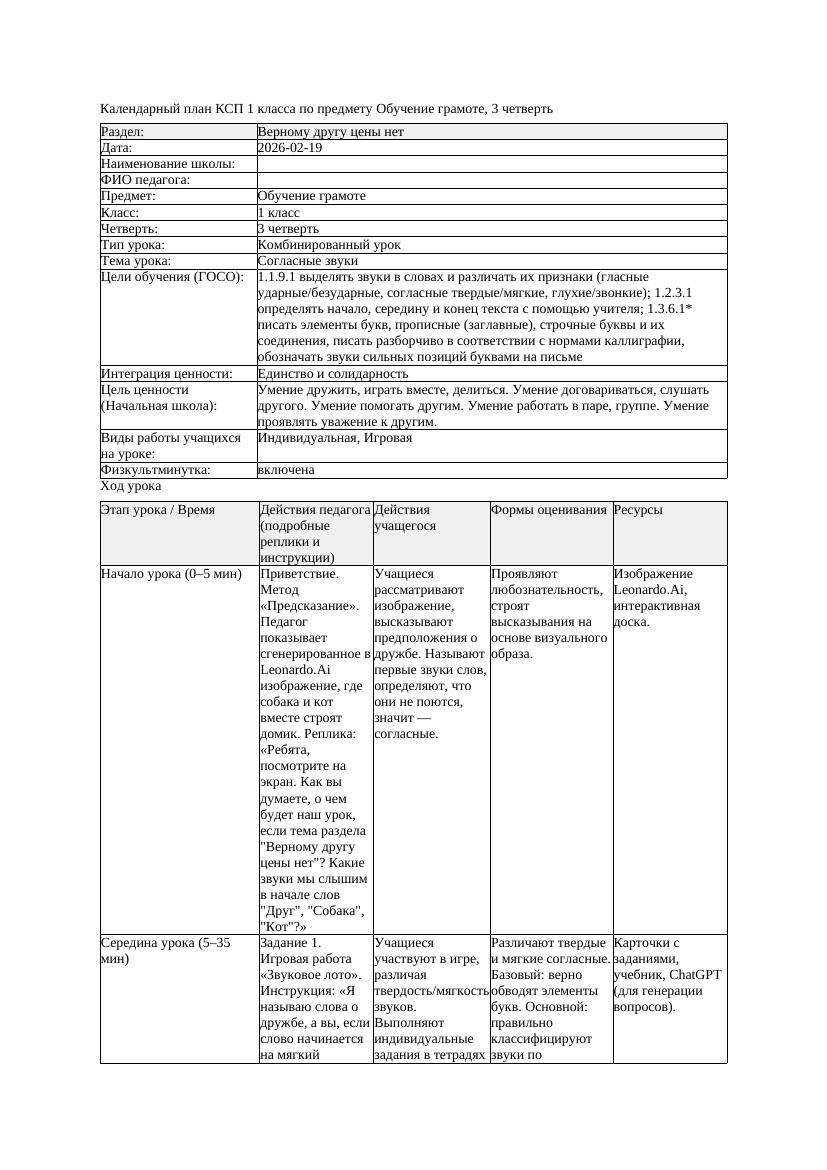 КСП Обучение грамоте 1класс 3 четверть Согласные звуки 20260219