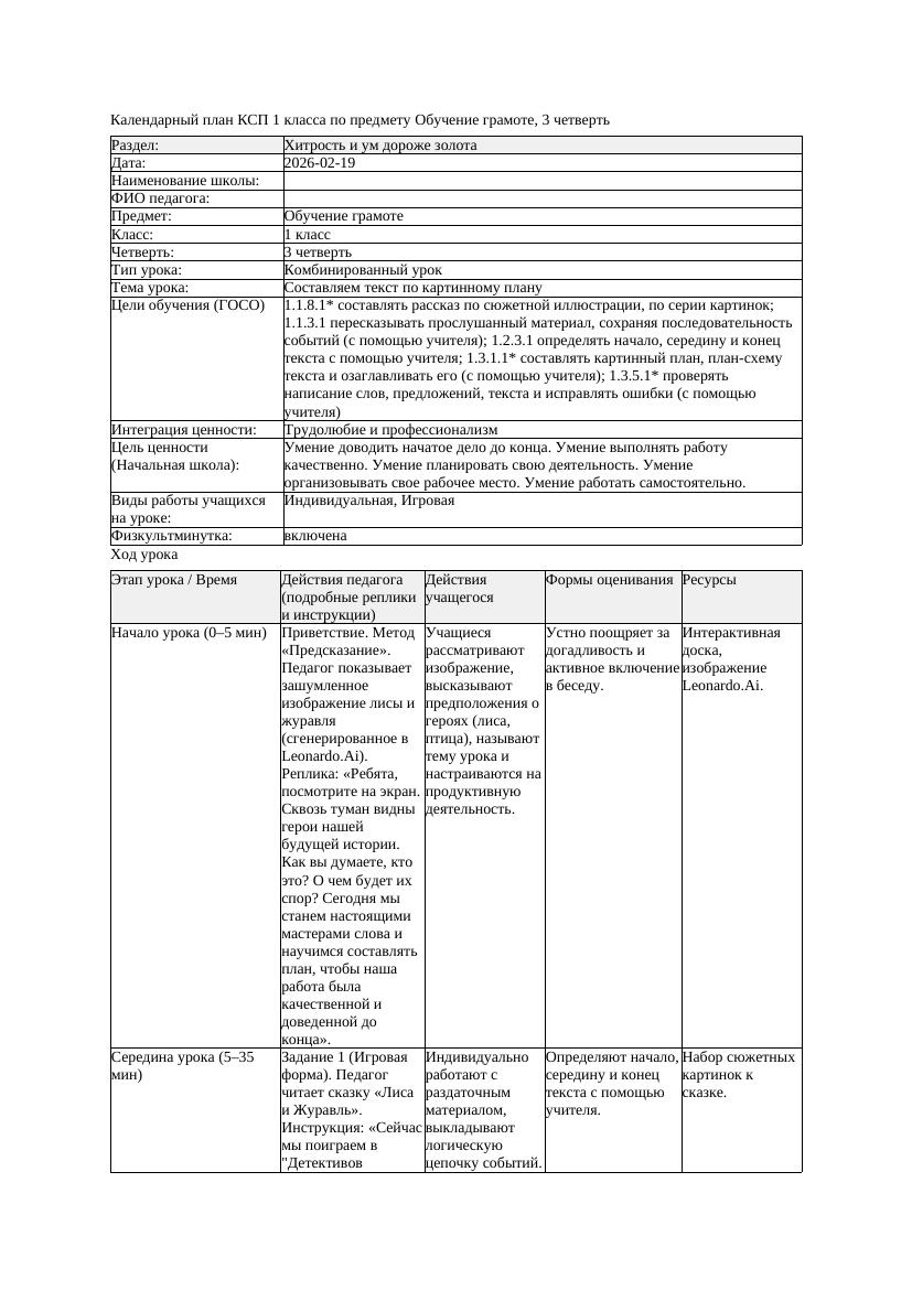 КСП Обучение грамоте 1класс 3 четверть Составляем текст по картинному