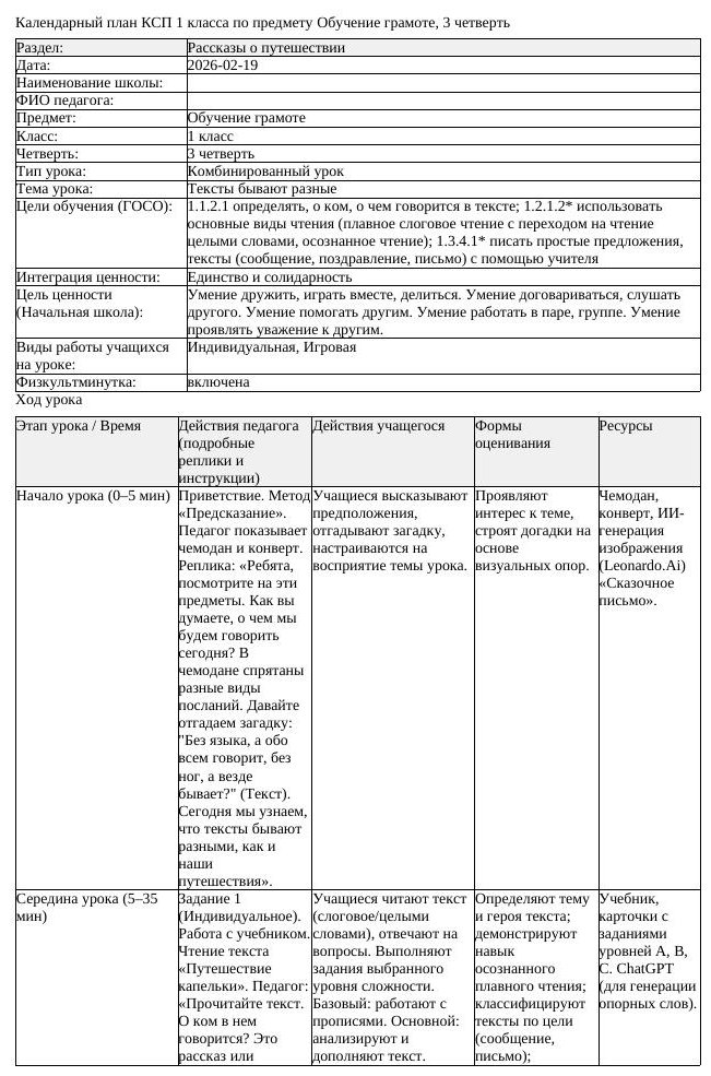 КСП Обучение грамоте 1класс 3 четверть Тексты бывают разные 20260219