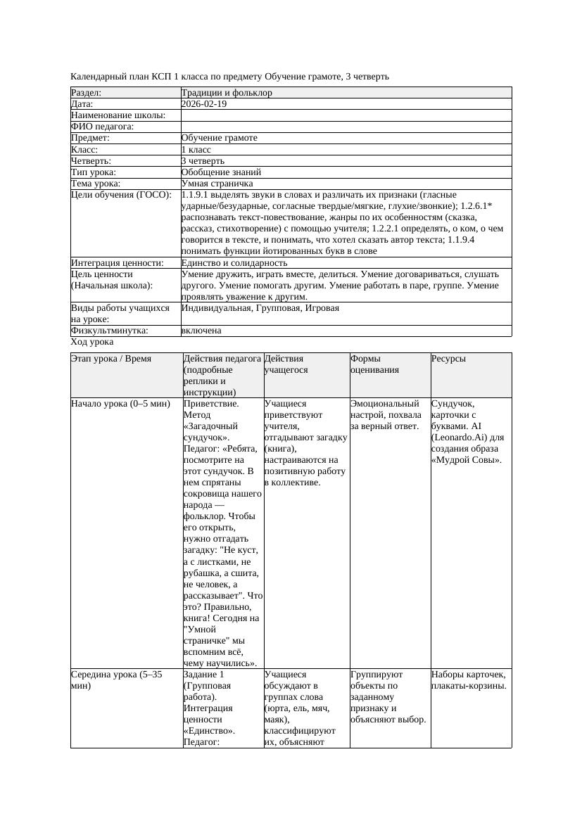 КСП Обучение грамоте 1класс 3 четверть Умная страничка 20260219