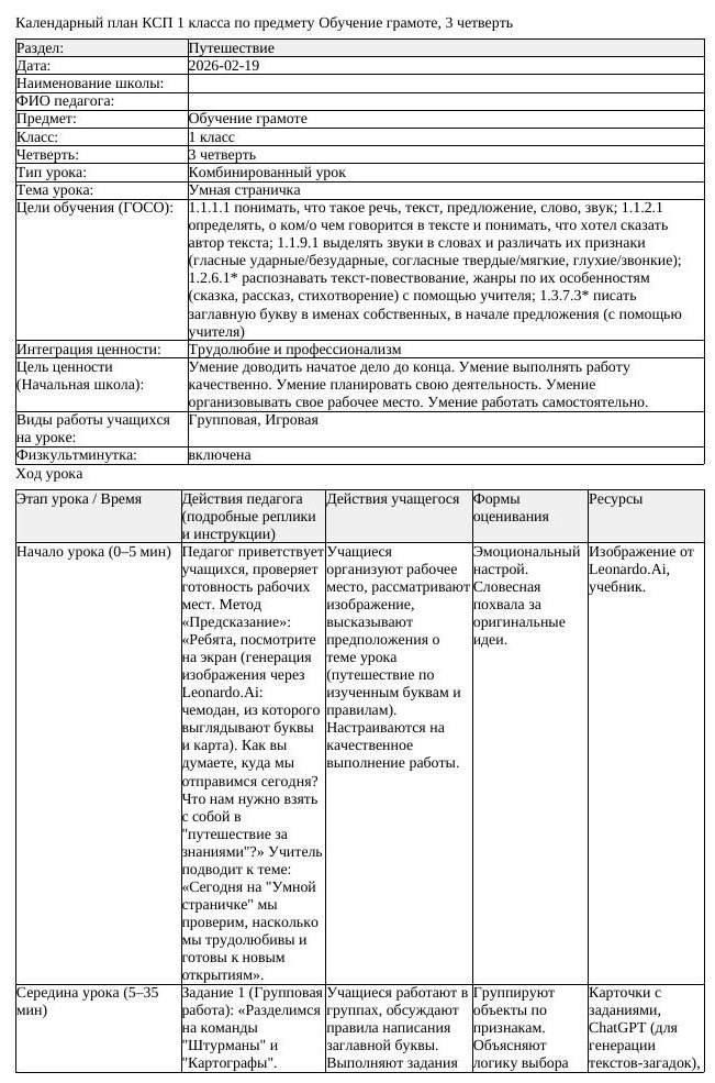 КСП Обучение грамоте 1класс 3 четверть Умная страничка 20260219
