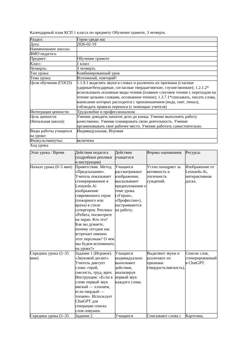 КСП Обучение грамоте 1класс 3 четверть Вспоминай повторяй 20260219
